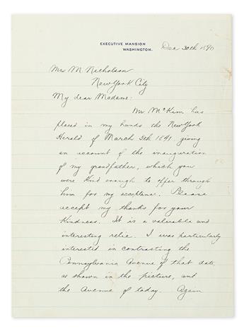 HARRISON, BENJAMIN. Letter Signed, Benj Harrison, as President, to Mrs. M. Nicholson,